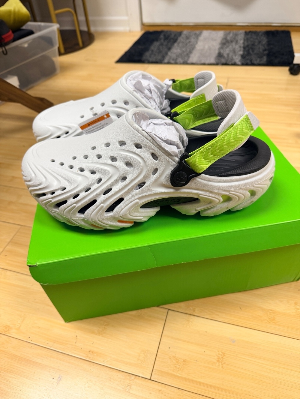 Crocs Men's White and Neon Green Classic Clog Sandals Size 10